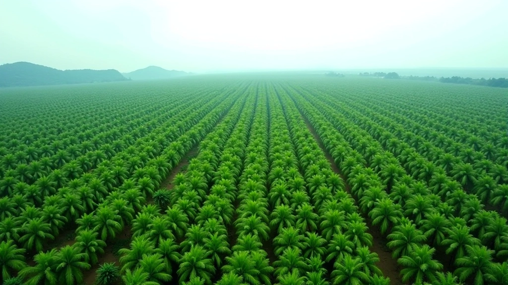 Sustainable palm oil plantation with documented sustainable farming practices and forest preservation areas visible