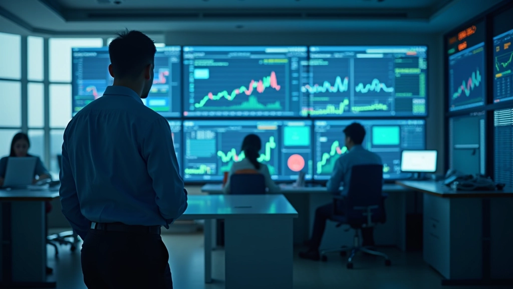 Modern commodity trading floor with digital displays showing market data and analysis charts