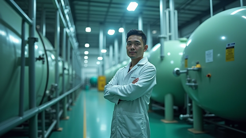 Biodiesel production facility with industrial equipment and storage tanks